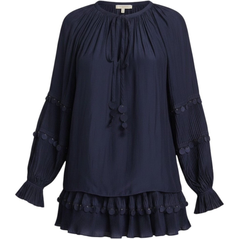 Ramy Brook Coco Peasant Blouse Navy Blue Pleated Embellished Top Medium NEW